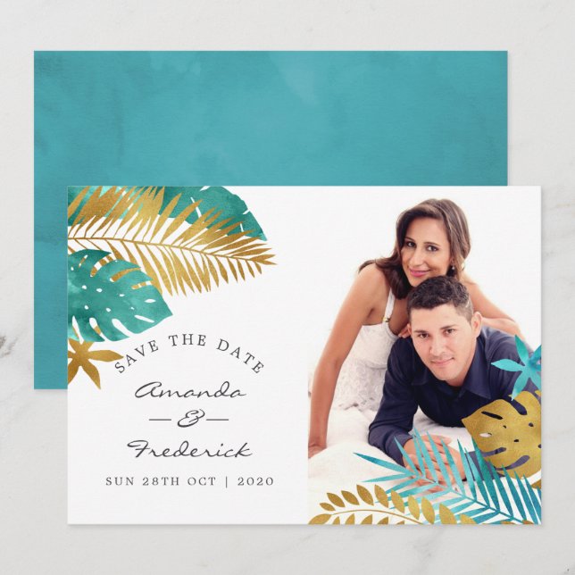 Invitation Mariage Tropical turquoise et Gold Enregistrer la  (Devant / Derrière)