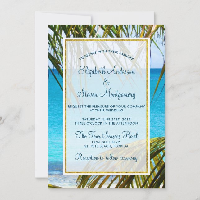 Invitation Mariage Tropical Turquoise sur la Plage avec Feuil (Devant)