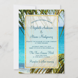 Invitation Mariage Tropical Turquoise sur la Plage avec Feuil