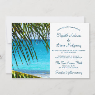 Invitation Mariage Tropical Turquoise sur la Plage avec Feuil
