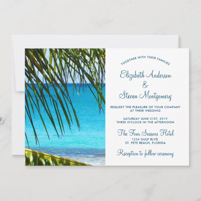 Invitation Mariage Tropical Turquoise sur la Plage avec Feuil (Devant)
