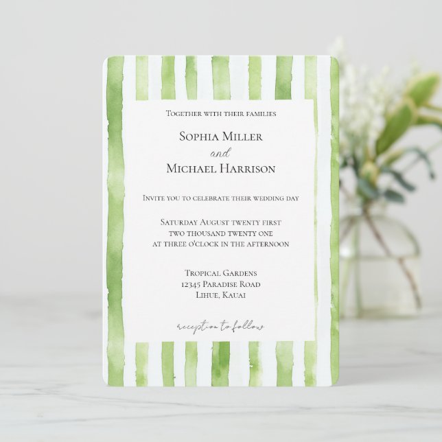 Invitation Mariage Tropical Vert et Blanc Rayé (Debout devant)