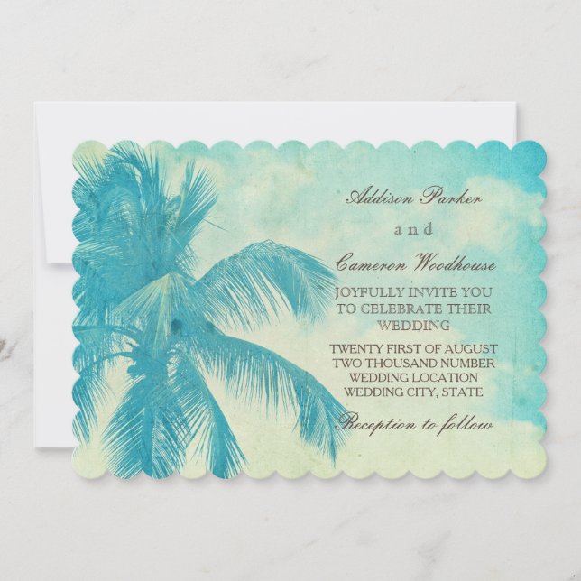 Invitation Mariage tropical vintage de turquoise du palmier | (Devant)