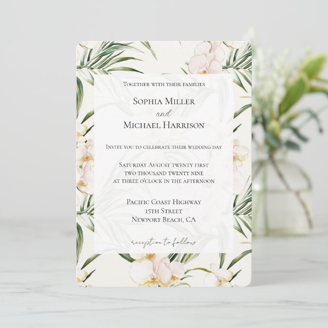 Invitation Mariage Tropical White Orchid Flowers (Debout devant)