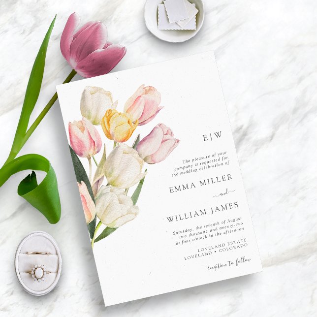 Invitation Mariage Tulipe Moderne (Watercolor Spring Tulips Monogrammed Wedding Invitations by Painted Paperie)