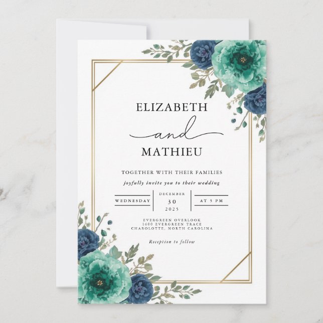 Invitation Mariage turquoise à la frontière florale (Devant)