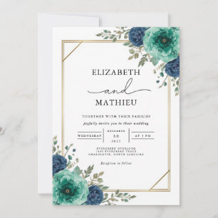 Invitation Mariage turquoise à la frontière florale