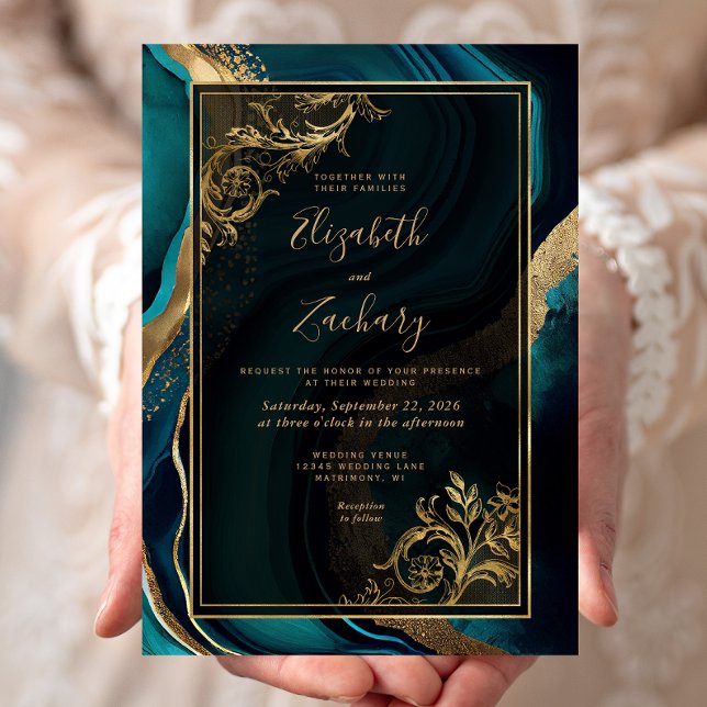 Invitation Mariage Turquoise Agate Gold Cadre de luxe (Créateur téléchargé)