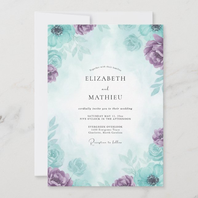 Invitation Mariage Turquoise Améthyste Pivoine (Devant)