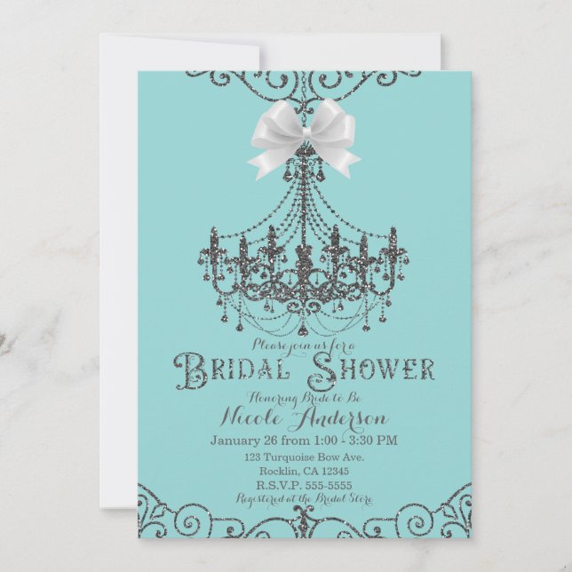 Invitation Mariage Turquoise & Argent Blanc Ruban de douche d (Devant)