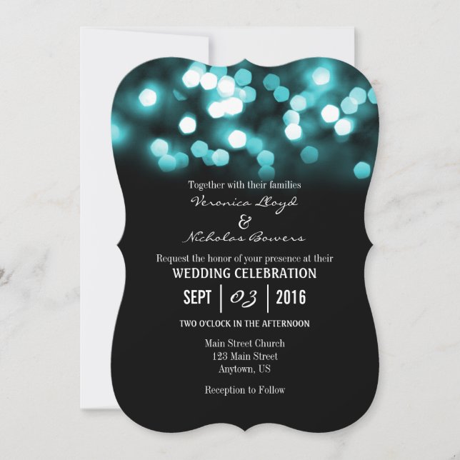 Invitation Mariage Turquoise Black Bokeh Lumières Invite (Devant)