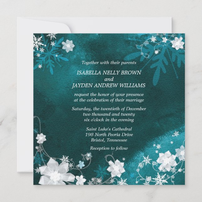 Invitation Mariage turquoise blanc froid hiver (Devant)