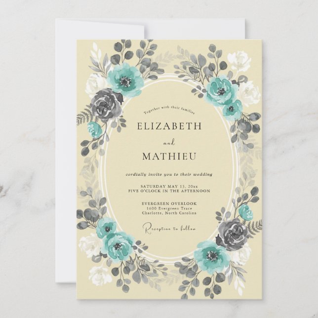 Invitation Mariage Turquoise Charbon Paeonie (Devant)