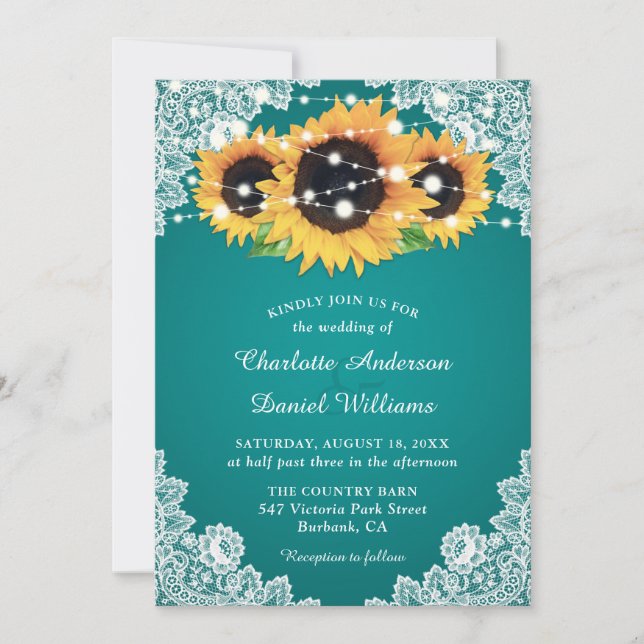 Invitation Mariage Turquoise chic de tournesol (Devant)