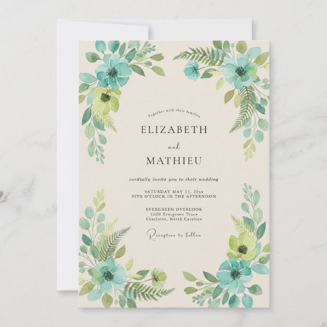 Invitation Mariage Turquoise Citron Feuillu (Devant)