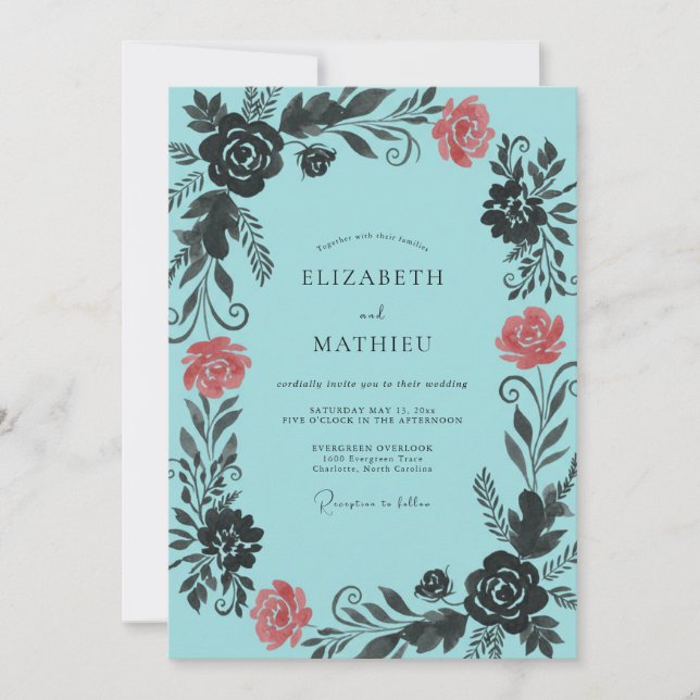 Invitation Mariage Turquoise Corail Feuillu (Devant)
