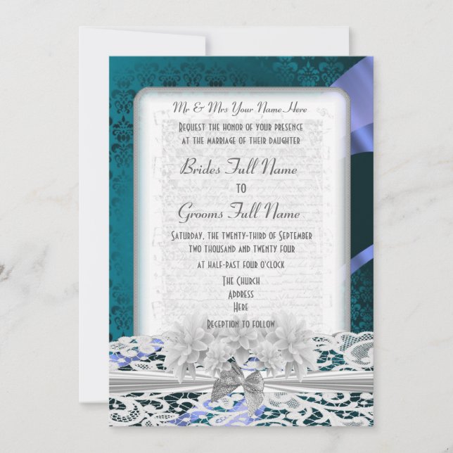 Invitation mariage turquoise damassé et dentelle blanche (Devant)