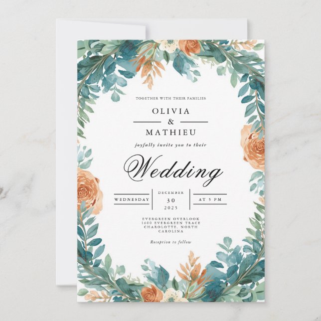 Invitation Mariage turquoise de couronnes florales orange (Devant)