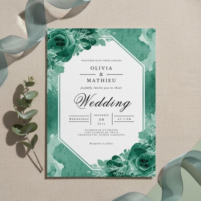 Invitation Mariage turquoise de fleurs d'aquarelle (Créateur téléchargé)