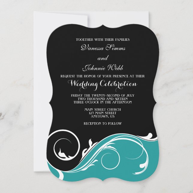 Invitation Mariage turquoise en noir bracelet noir invite (Devant)