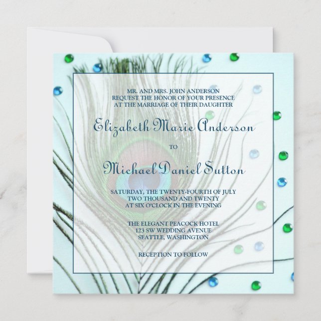 Invitation Mariage Turquoise en plumes de Glam Peacock (Devant)