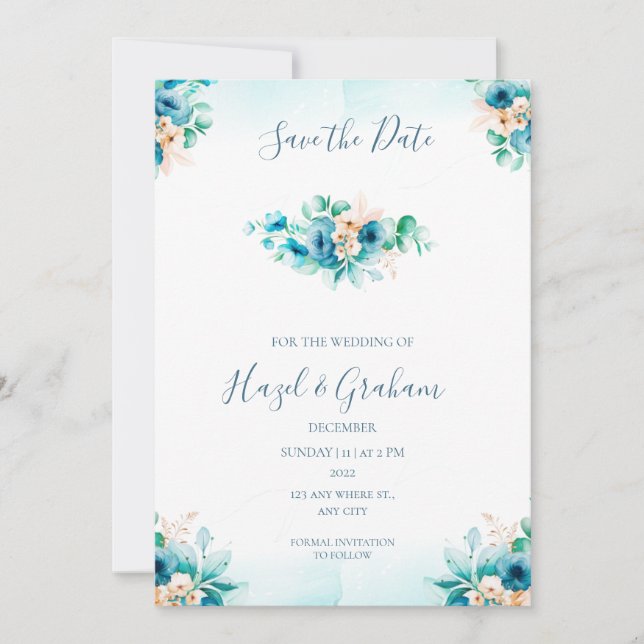 Invitation Mariage turquoise Enregistrer la date (Devant)