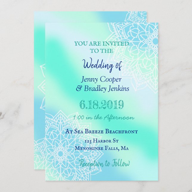 Invitation Mariage Turquoise et bleu Mandala Enchanted (Devant / Derrière)