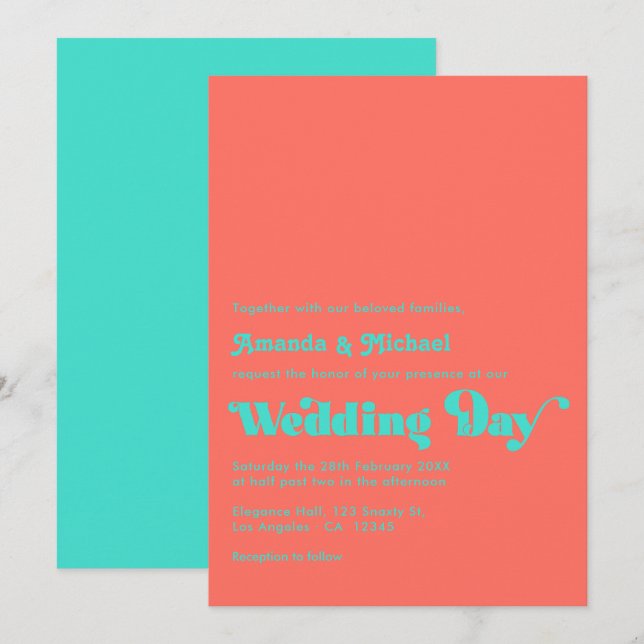 Invitation Mariage Turquoise et Corail (Devant / Derrière)