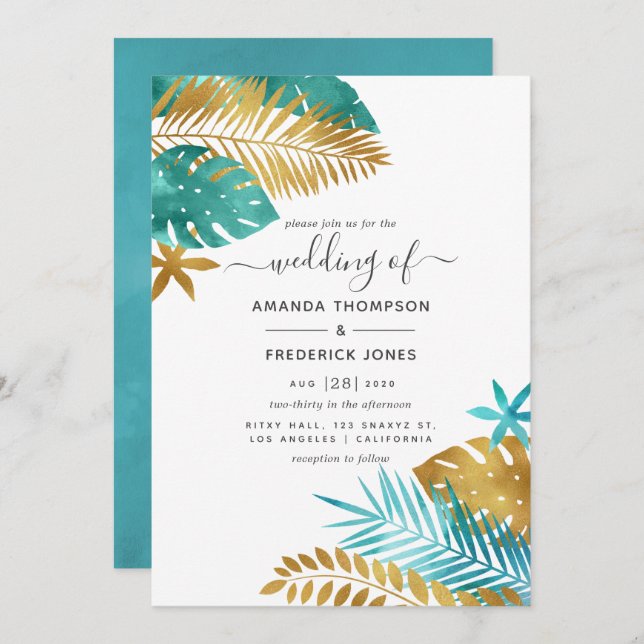 Invitation Mariage turquoise et Gold Tropical (Devant / Derrière)