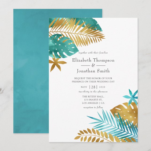 Invitation Mariage turquoise et Gold Tropical (Devant / Derrière)
