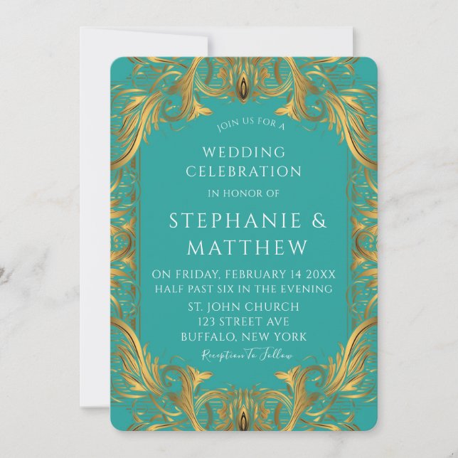 Invitation Mariage Turquoise et Or (Devant)