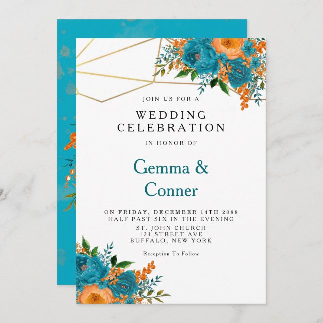 Invitation Mariage turquoise et orange aquarelle (Devant / Derrière)
