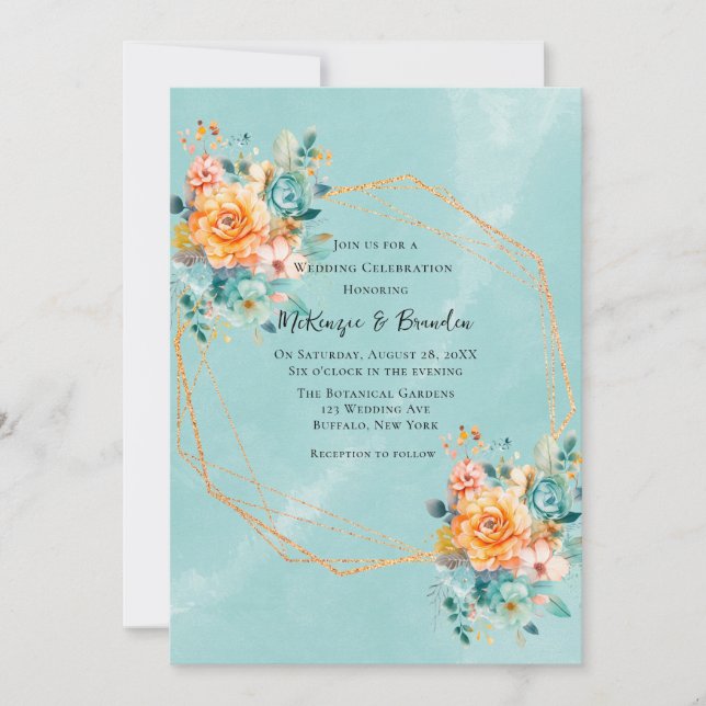 Invitation Mariage Turquoise et Orange Peony (Devant)