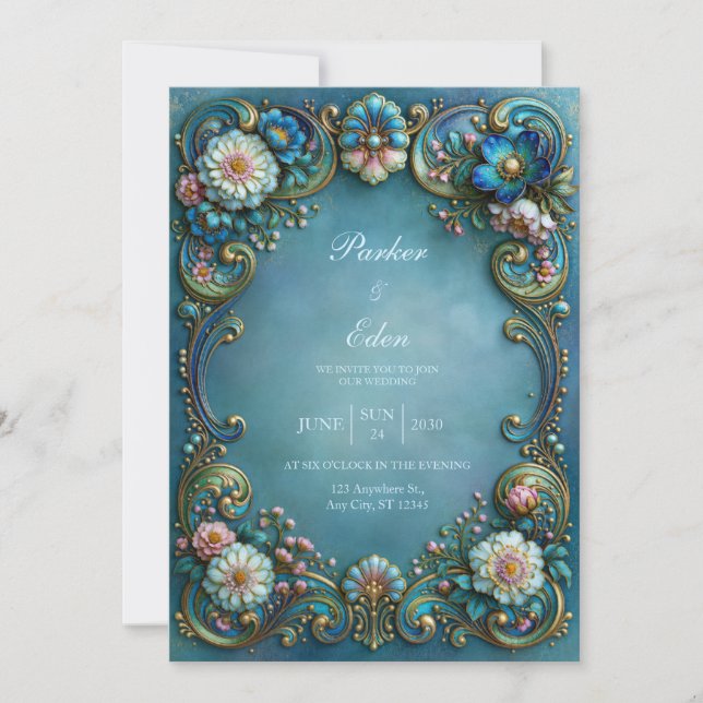 Invitation Mariage Turquoise Fleur Filigrane (Devant)