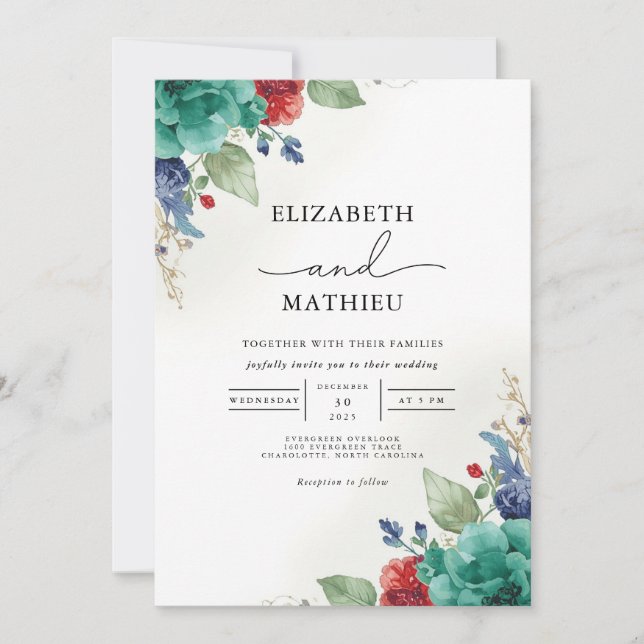 Invitation Mariage turquoise Floral Botanique (Devant)