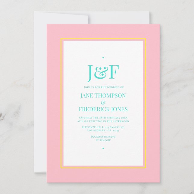 Invitation Mariage Turquoise, Jaune et Rose (Devant)