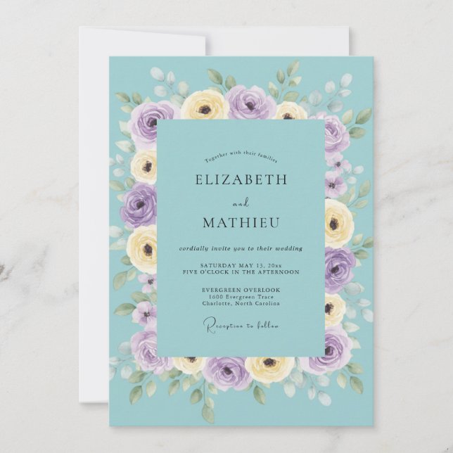 Invitation Mariage Turquoise Lilas Ranunculus Eucalyptus (Devant)