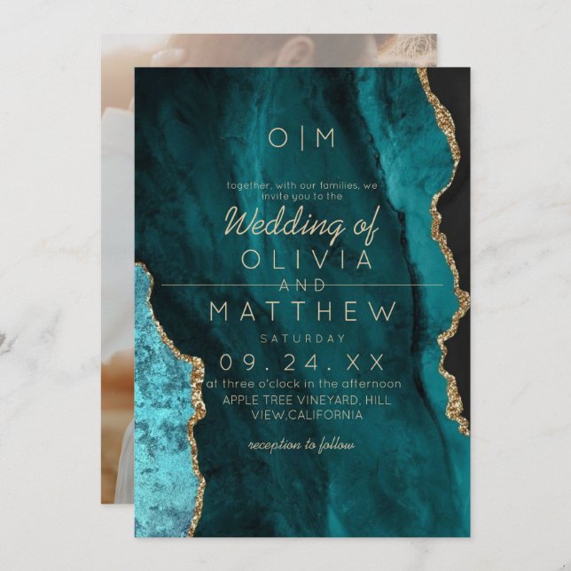 Invitation Mariage Turquoise moderne Agate (Devant / Derrière)