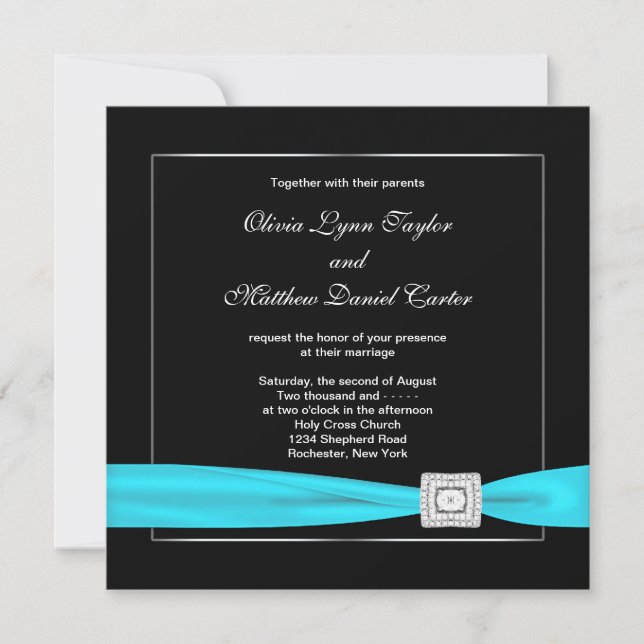Invitation Mariage Turquoise noir blanc (Devant)
