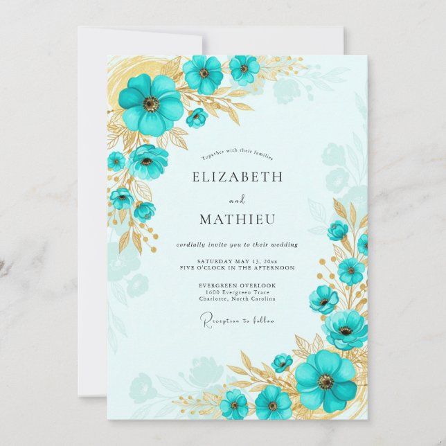 Invitation Mariage Turquoise Or Lustré Côté Mer (Devant)