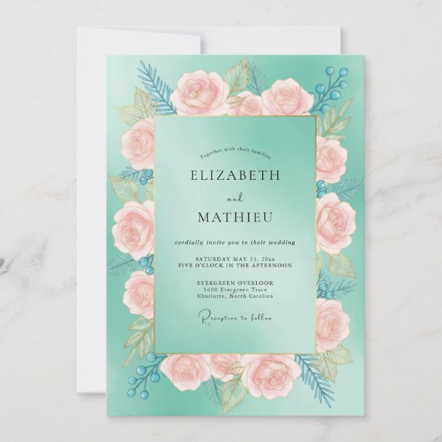 Invitation Mariage Turquoise Pétales de Pêche (Devant)