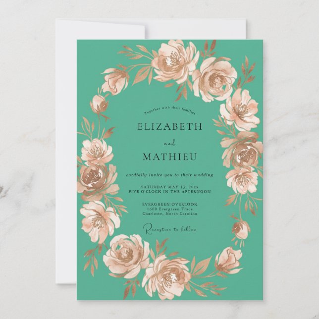Invitation Mariage Turquoise Pivoine (Devant)