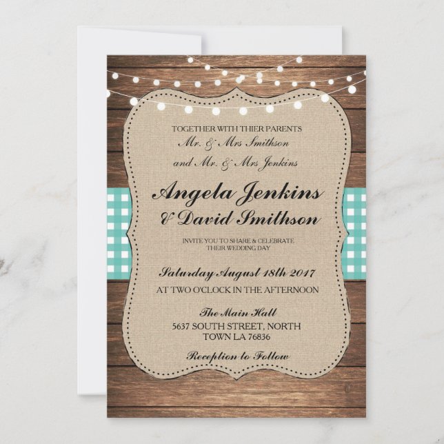 Invitation Mariage turquoise Rustic Burlap Lumières en bois I (Devant)
