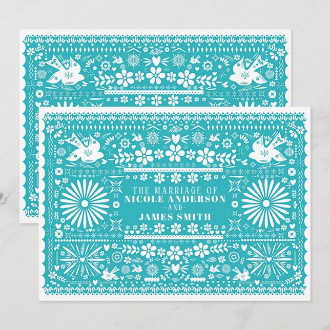 Invitation Mariage turquoise sarcelle coupe picado mexicain (Devant / Derrière)