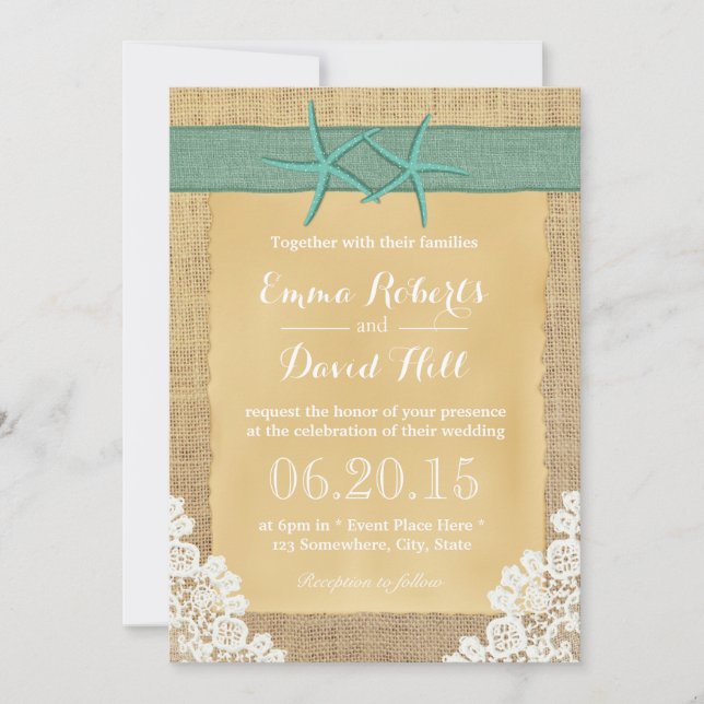 Invitation Mariage turquoise Starfish Lace & Burlap (Devant)