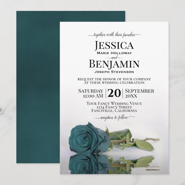 Invitation Mariage Turquoise Turquoise  à longue tige Rose él (Devant / Derrière)
