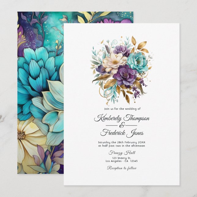 Invitation Mariage turquoise, violet et or (Devant / Derrière)