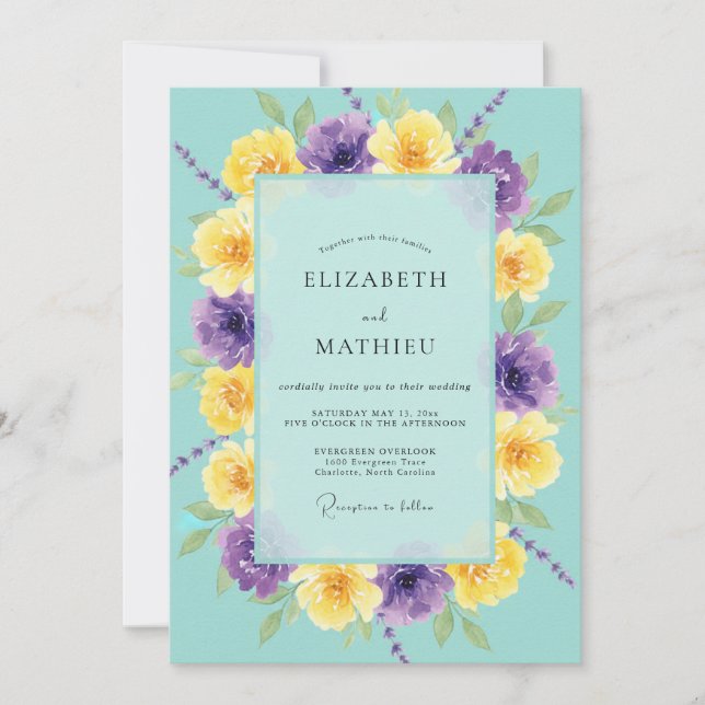 Invitation Mariage Turquoise Violet Ranunculus Eucalyptus (Devant)