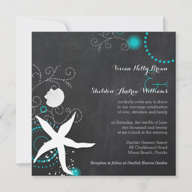 Invitation Mariage Turquoise White Chalkboard Beach (Devant)
