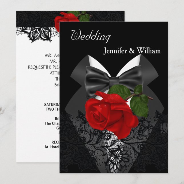 Invitation Mariage Tuxedo Noir Blanc Rose Rouge Profond 2 (Devant / Derrière)